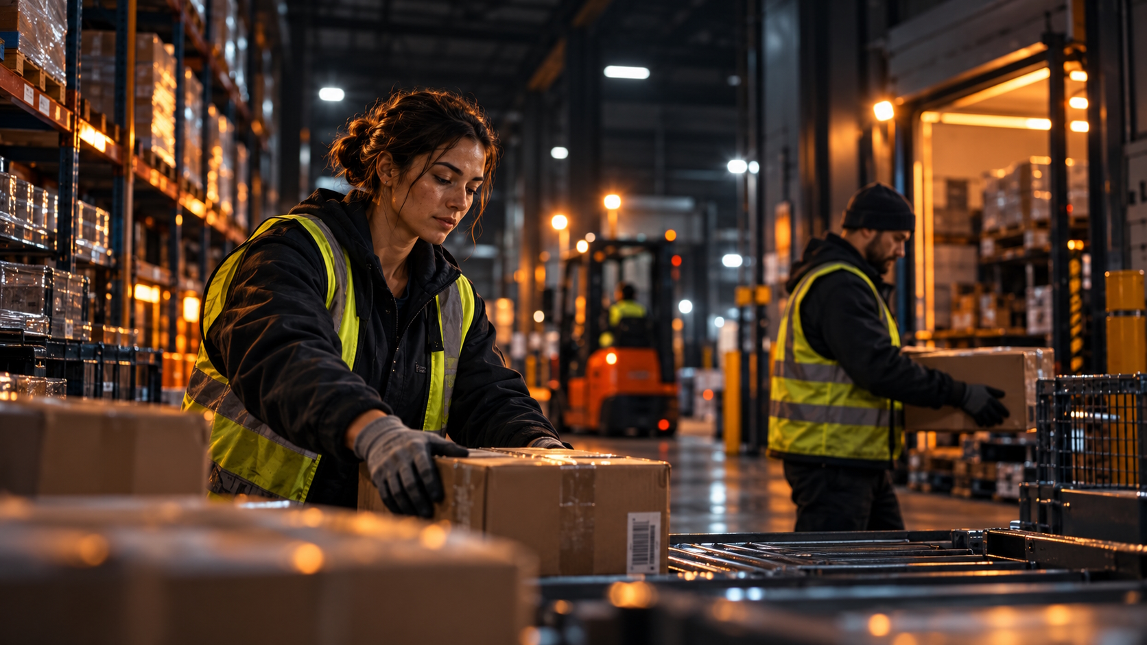Night shift workers in a warehouse environment
