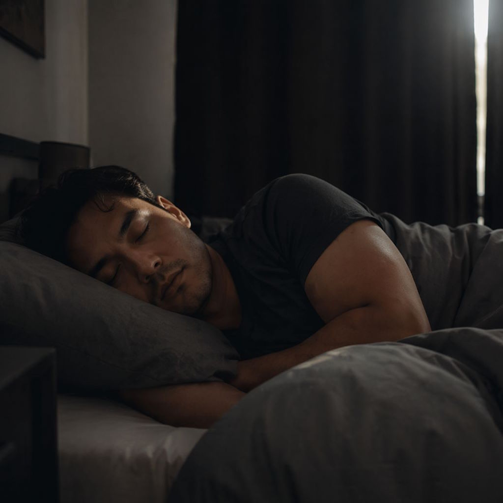 Shift worker sleeping during daytime after night shift in a dark bedroom