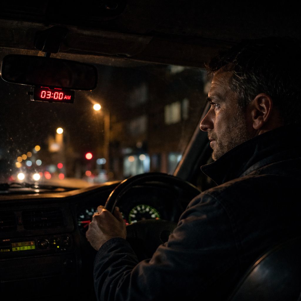 Taxi driver working night shift at 3am staying focused while driving