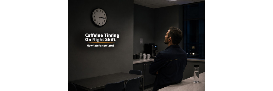 Night-shift worker looking at a wall clock beside an unused workplace coffee machine