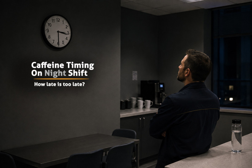 Night-shift worker looking at a wall clock beside an unused workplace coffee machine