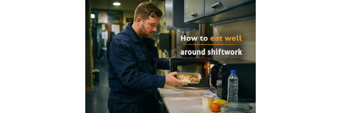 Shift worker preparing a balanced microwave meal during a night-shift break