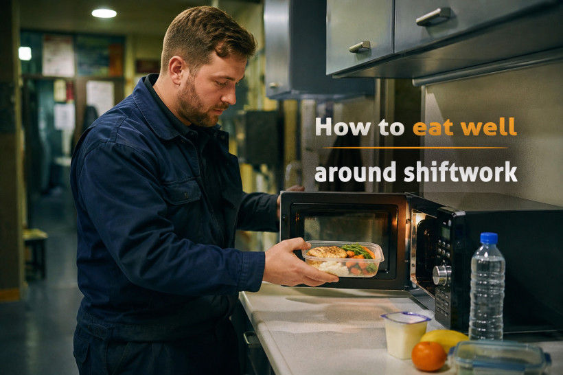 Shift worker preparing a balanced microwave meal during a night-shift break