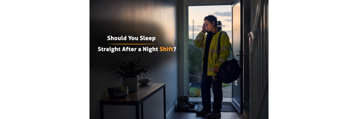 Night-shift worker arriving home at dawn in yellow hi-vis workwear after finishing an overnight shift
