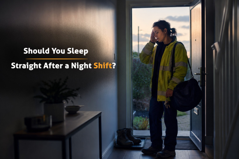 Night-shift worker arriving home at dawn in yellow hi-vis workwear after finishing an overnight shift