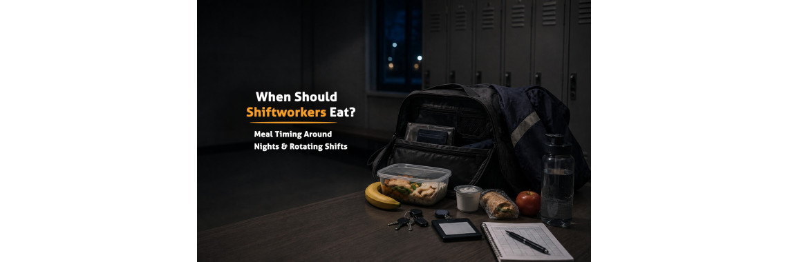 Packed meal, fruit and water beside a night-shift worker's bag in a workplace locker room