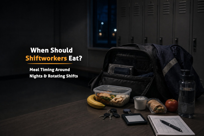 Packed meal, fruit and water beside a night-shift worker's bag in a workplace locker room