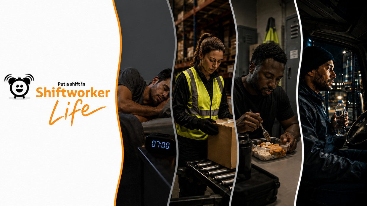 Shiftworker Life hero showing shift workers sleeping, working in a warehouse, eating on break and driving at night