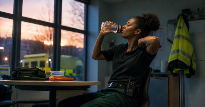 Paramedic drinking water and stretching after a night shift, representing recovery, hydration and wellbeing