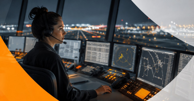 Night-shift air traffic controller working in a control room, representing energy, alertness and focus during critical overnight work