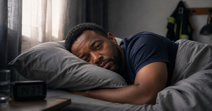 Exhausted shift worker lying awake in bed during the daytime after a night shift