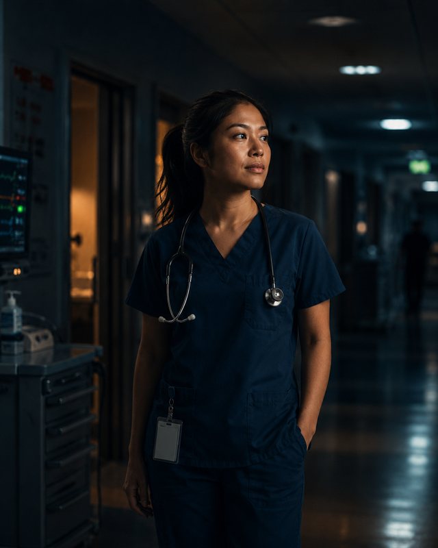 Night shift healthcare worker in a hospital corridor during an overnight shift.