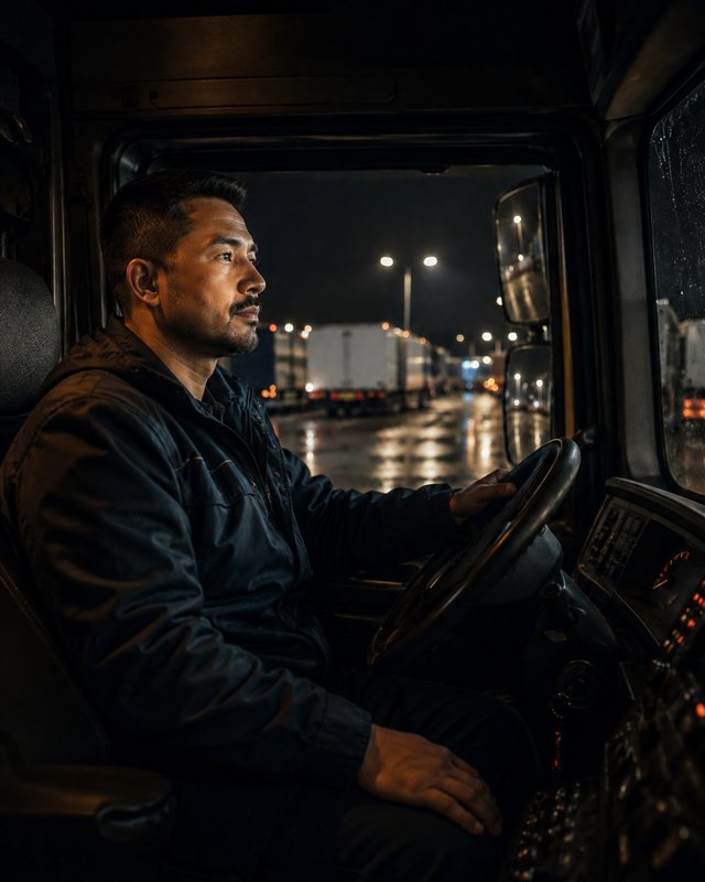 Night shift truck driver in a lorry cab during an overnight transport shift.