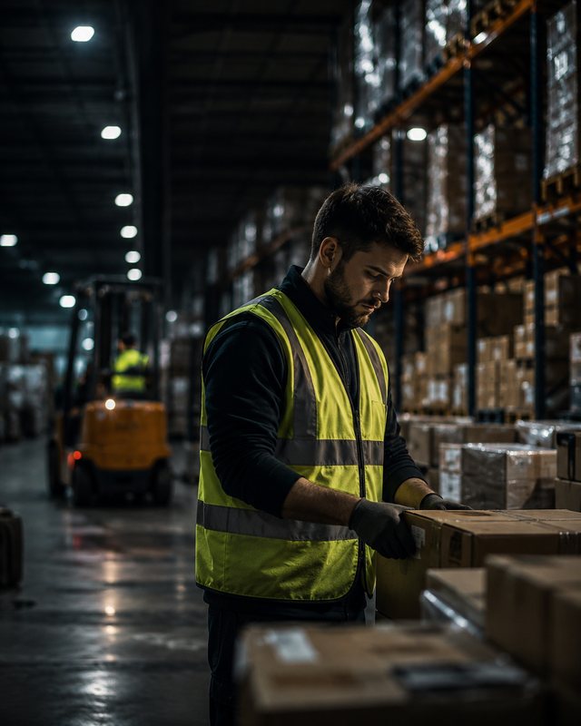 Night shift warehouse worker handling stock in a distribution centre during an overnight shift.